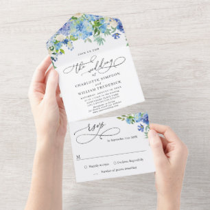 Invitation Tout En Un Mariage Élégant Aquarelle Hydrangea Bleu Verdure