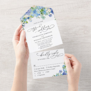 Invitation Tout En Un Mariage Élégant Aquarelle Hydrangea Bleu Verdure