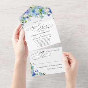 Invitation Tout En Un Mariage Élégant Aquarelle Hydrangea Bleue et Verdu