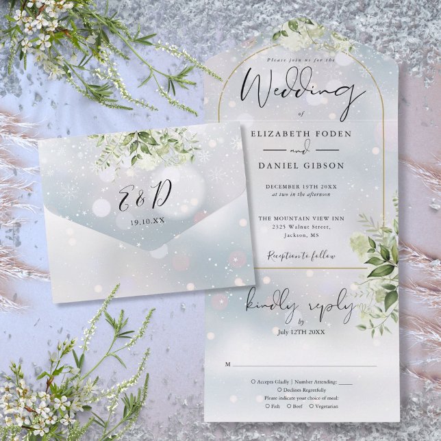 Invitation Tout En Un Mariage Élégant Arche Dorée de Verdure d'Hiver (Elegant Gold Arch Winter Greenery Wedding All In One Invitation)