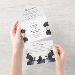 Invitation Tout En Un Mariage Élégant aux Fleurs Navales et Blanches