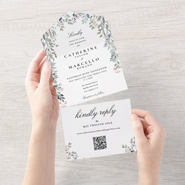 Invitation Tout En Un Mariage élégant avec code QR de verdure florale (Déchirure)