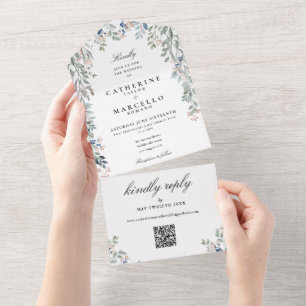 Invitation Tout En Un Mariage élégant avec code QR de verdure florale