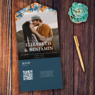 Invitation Tout En Un Mariage élégant avec code QR RSVP Navy et rouille