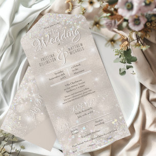 Invitation Tout En Un Mariage élégant avec confettis pailletés Champagne