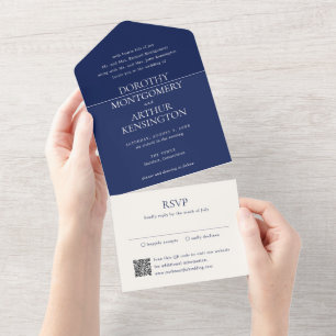 Invitation Tout En Un Mariage élégant avec QR Code bleu marine moderne