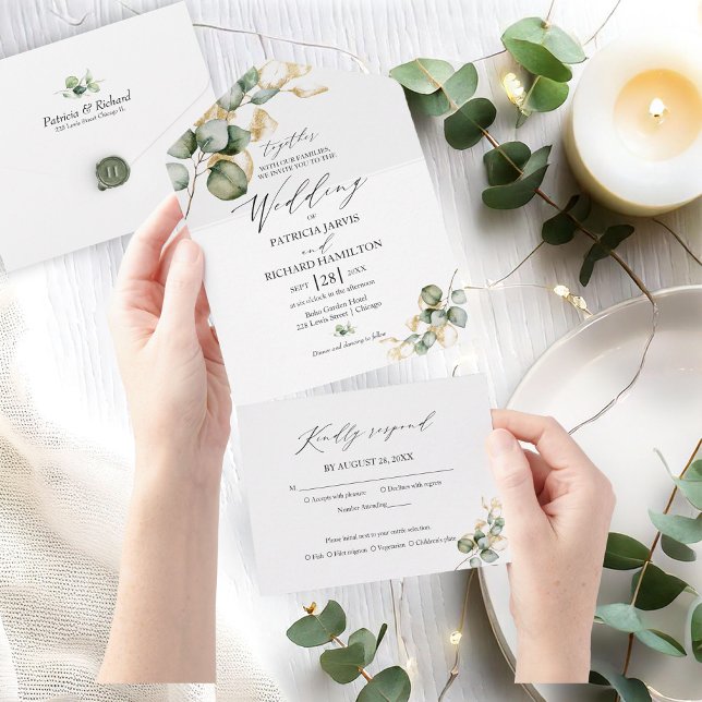 Invitation Tout En Un Mariage Élégant avec Verdure Dorée (Créateur téléchargé)