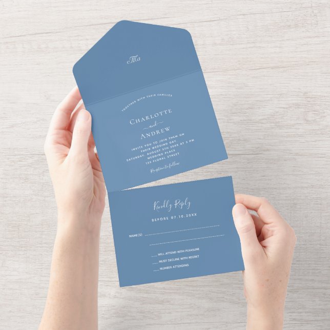 Invitation Tout En Un Mariage élégant bleu foncé (Déchirure)