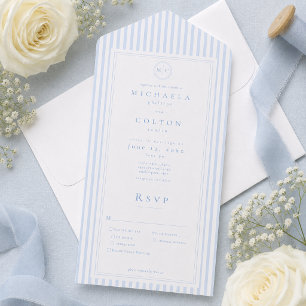 Invitation Tout En Un Mariage Élégant Classique à Rayures Bleues et Mono