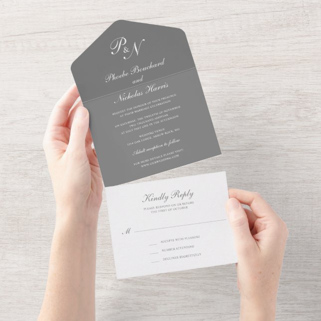 Invitation Tout En Un Mariage Élégant Classique Gris (Déchirure)