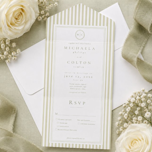 Invitation Tout En Un Mariage Élégant Classique Monogramme Rayure Vert S (Créateur téléchargé)