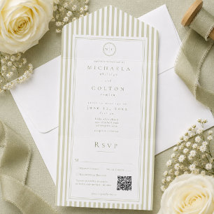 Invitation Tout En Un Mariage Élégant Classique Monogramme Rayure Vert S