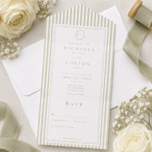 Invitation Tout En Un Mariage Élégant Classique Monogramme Rayure Vert S