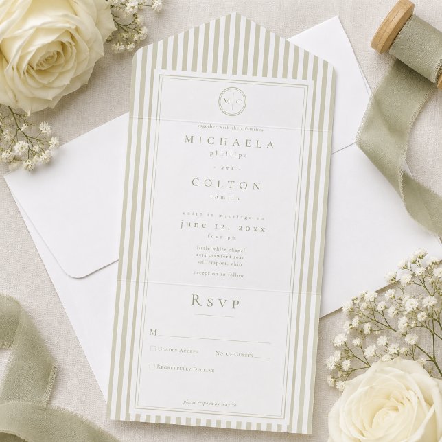Invitation Tout En Un Mariage Élégant Classique Monogramme Rayure Vert S (Créateur téléchargé)