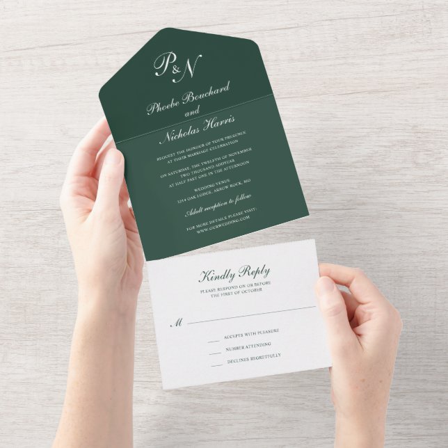 Invitation Tout En Un Mariage Élégant Classique Vert Forêt (Déchirure)