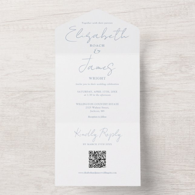 Invitation Tout En Un Mariage élégant code QR en écriture Dusty Blue (À l'intérieur)