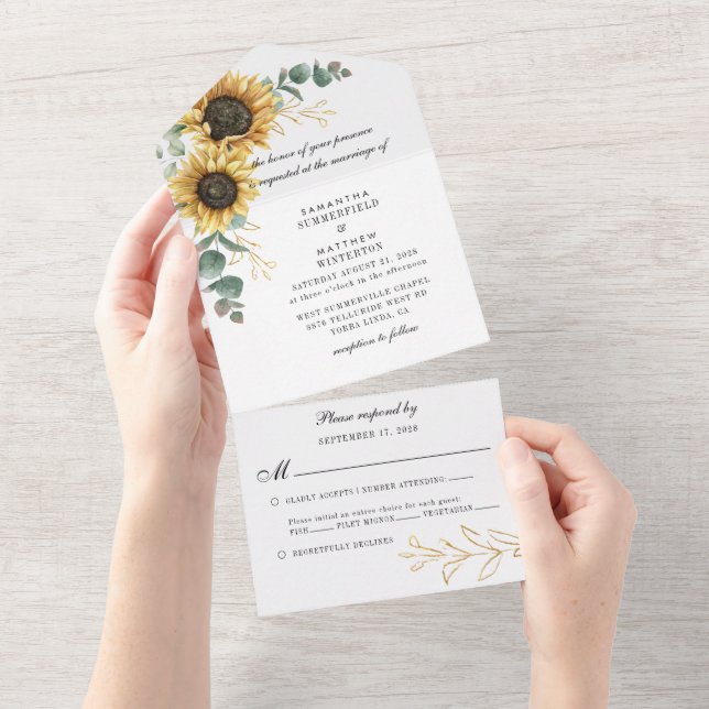 Invitation Tout En Un Mariage élégant écriture eucalyptus tournesol flor (Déchirure)