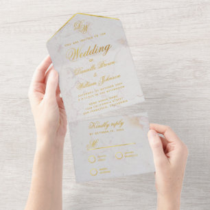 Invitation Tout En Un Mariage élégant en faux or et marbre blanc Monogra