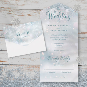 Invitation Tout En Un Mariage élégant en hiver avec écriture Snowflakes
