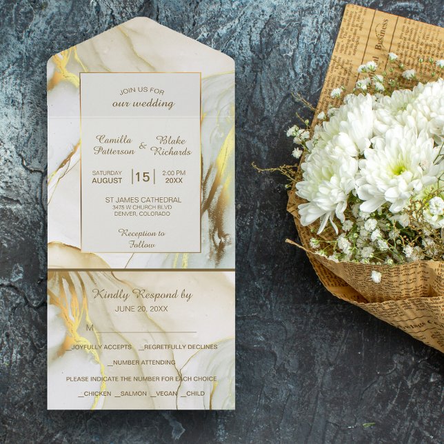 Invitation Tout En Un Mariage élégant en marbre blanc moderne (Créateur téléchargé)
