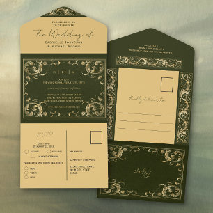 Invitation Tout En Un Mariage Élégant et Économe avec Broderie Verte Dor