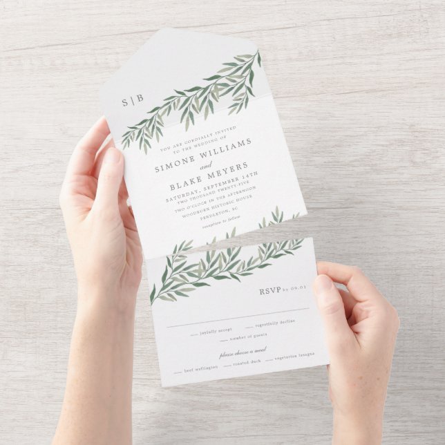 Invitation Tout En Un Mariage Élégant Feuillage Vert (Déchirure)