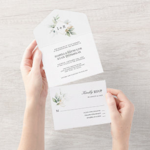 Invitation Tout En Un Mariage ELEGANT Feuille Foliing Gold Watercolor