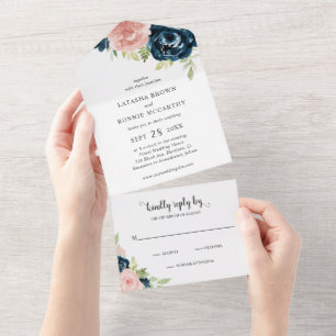 Invitation Tout En Un Mariage Élégant Fleurs Rose Pâle Bleu Marine Moder