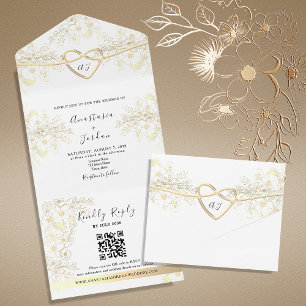 Invitation Tout En Un Mariage Élégant Floral Vintage Cœur Doré