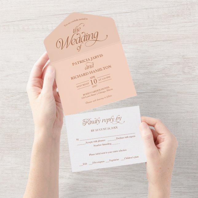Invitation Tout En Un Mariage Élégant Minimaliste Pêche Douce (Déchirure)