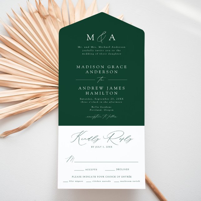 Invitation Tout En Un Mariage élégant moderne monogramme vert (Créateur téléchargé)