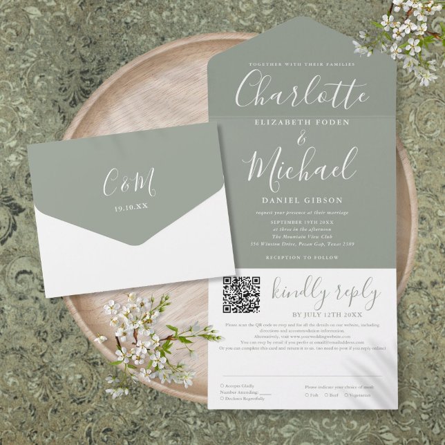 Invitation Tout En Un Mariage élégant moderne vert sauge Code QR Script (Sage Green Elegant Modern Script QR Code Wedding All In One Invitation)