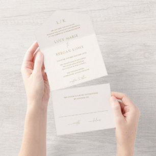 Invitation Tout En Un Mariage Élégant Monogramme Ivoire et Or Sans Temps