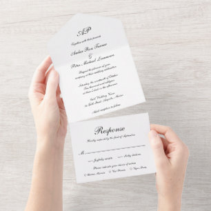 Invitation Tout En Un Mariage Élégant Monogramme Noir Blanc Écriture For