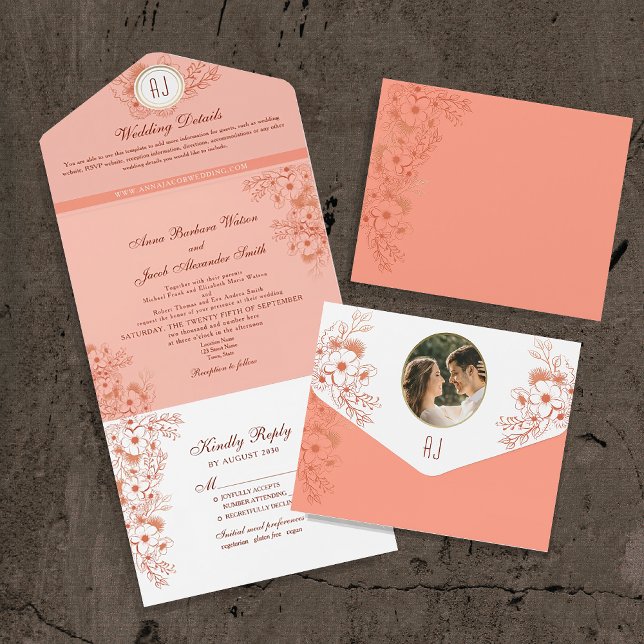 Invitation Tout En Un Mariage Élégant Monogramme Pêche (Créateur téléchargé)