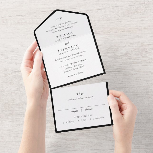 Invitation Tout En Un Mariage élégant noir et blanc avec monogramme mode (Déchirure)