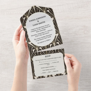 Invitation Tout En Un Mariage Élégant Noir Géométrique des Années Folles