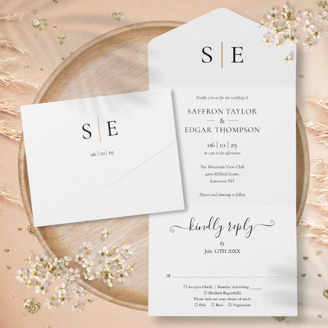 Invitation Tout En Un Mariage Élégant Or Noir Monogramme (Monogram Elegant Gold Black Wedding All In One Invitation)