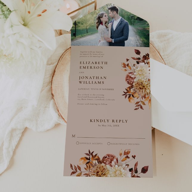 Invitation Tout En Un Mariage Élégant Rustique (Elegant Rustic Fall Floral Photo Wedding All In One Invitation by Painted Paperie
)