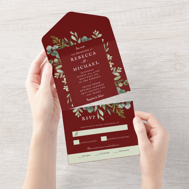 Invitation Tout En Un Mariage Élégant Verdure Rouge Marron (Déchirure)