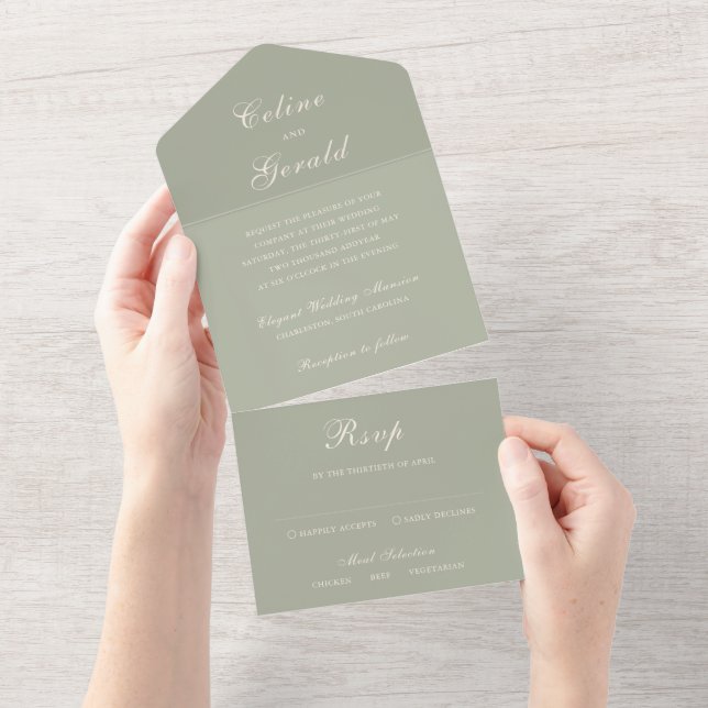 Invitation Tout En Un Mariage Élégant Vert Classique Subtil (Déchirure)