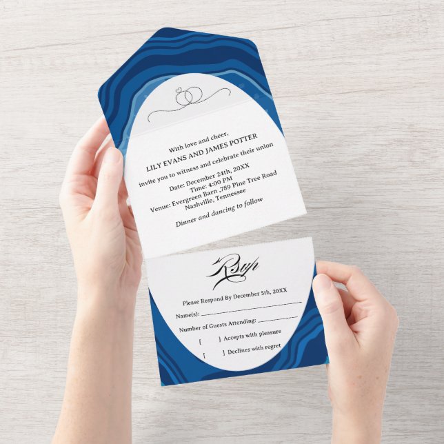 Invitation Tout En Un Mariage en Agate Bleue Tranchée (Déchirure)