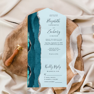 Invitation Tout En Un Mariage en bleu sarcelle pâle argenté agate