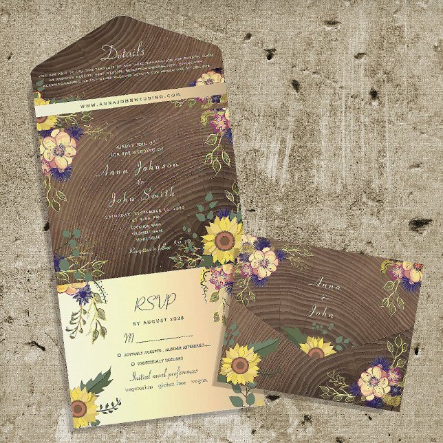 Invitation Tout En Un Mariage en bois de grange fleurie rustique (Créateur téléchargé)