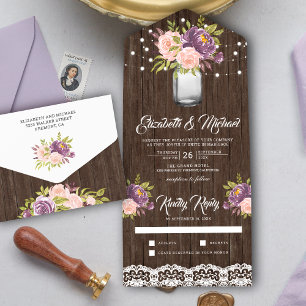 Invitation Tout En Un Mariage en bois de jarre Mason avec fleurs roses e