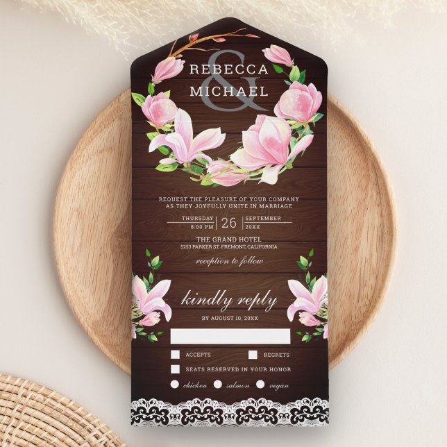 Invitation Tout En Un Mariage en bois rose Magnolia fleuri (Créateur téléchargé)