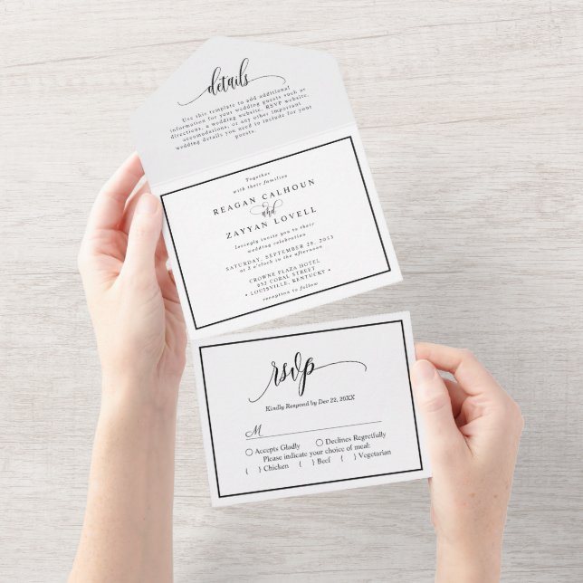 Invitation Tout En Un Mariage en calligraphie noire et blanche  (Déchirure)