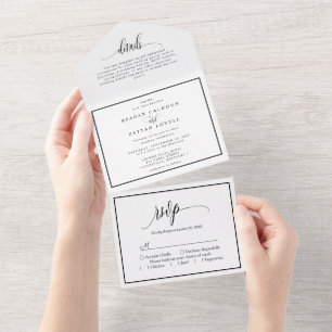Invitation Tout En Un Mariage en calligraphie noire et blanche 
