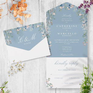 Invitation Tout En Un Mariage en cascade de verdure florale bleu poussié