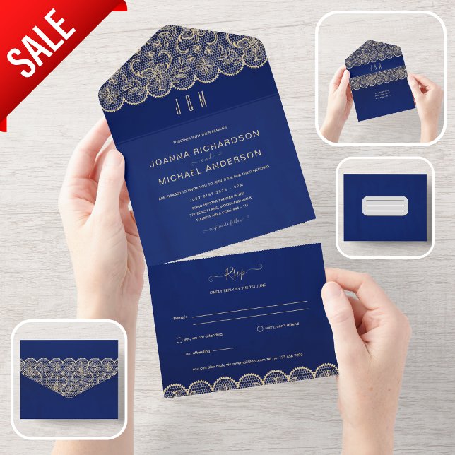 Invitation Tout En Un Mariage en dentelle bleu tout compris avec RSVP (Créateur téléchargé)